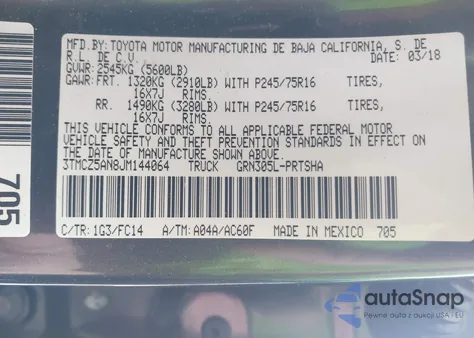 2018 Toyota Tacoma Sr5 V6 z USA, uszkodzony, nr VIN 3TMCZ5AN8JM144064